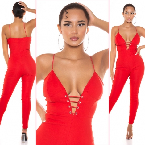 Sexy Overall mit tiefen V-Ausschnitt und Spaghetti-Trägern - rot