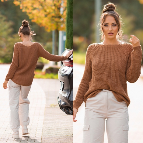 Weicher Grobstrick-Pullover mit Rundhals-Ausschnitt - hellbraun