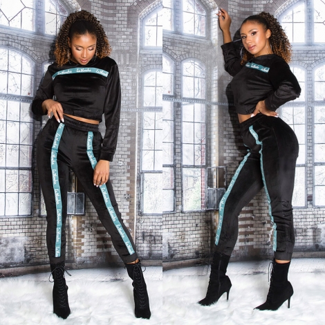 Loungwear Nicki Freizeit Anzug mit Zierstreifen - schwarz/petrol