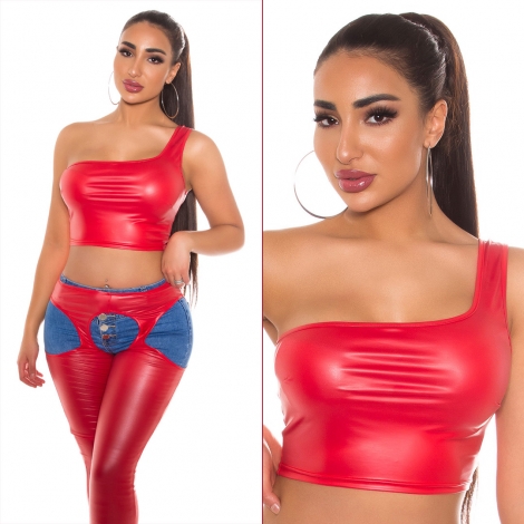 Sexy bauchfreies One Shoulder Top im Wetlook - rot