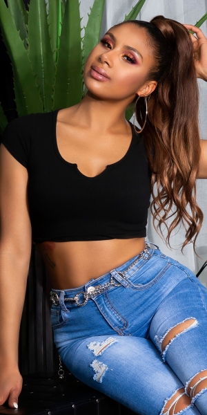 Bauchfreies Shirt mit sexy Schlitz-Cut-Out in schwarz