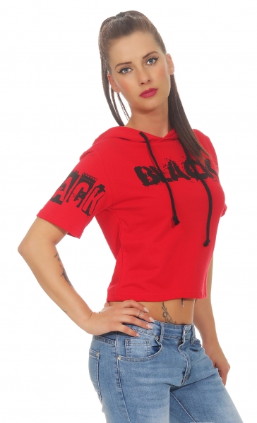 Bauchfreies Kapuzen-Shirt großem Schrift-Print - rot