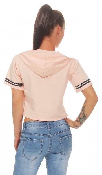 Bauchfreies Shirt mit Kapuze und großem Schrift-Print - rosa