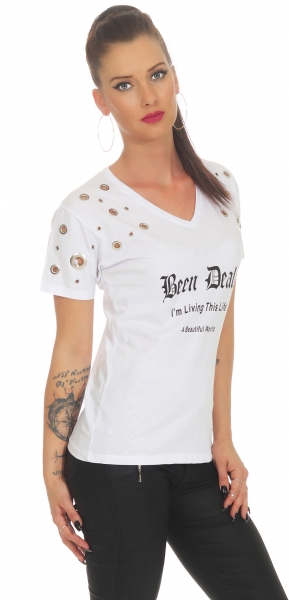 Tailliertes Shirt mit Schrift-Print und Loch-Verzierung - weiß