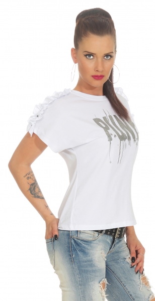 Kurzarm-Shirt mit Glamour-Print und Ärmel-Verzierung - weiß