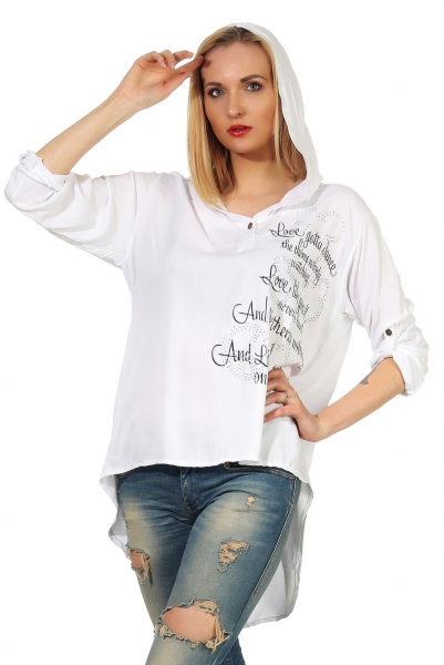 Oversize Shirt mit Kapuze und verzierten Schrift-Print - weiß