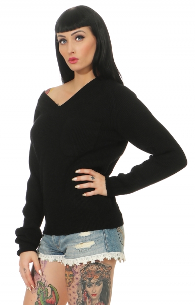 Warmer Rippstrick-Pullover mit V-Ausschnitt - schwarz