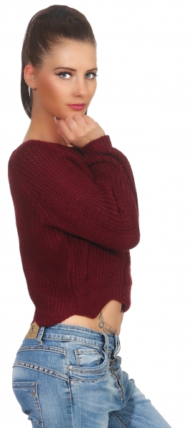 Kurz geschnittener Pullover aus warmen Grobstrick - bordeaux