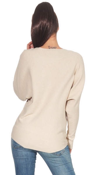 Fledermaus-Pullover mit Cut Outs und Perlen-Applikation in beige