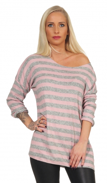 Gestreiftes Feinstickshirt mit dezentem Glamour-Effekt grau / rosa