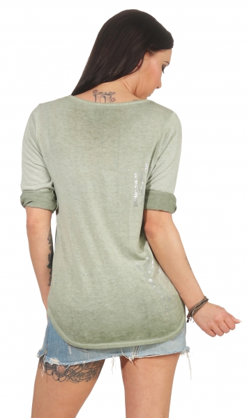 Shirt in Glossy-Optik mit silbernen Schriftzug-Prints in olive