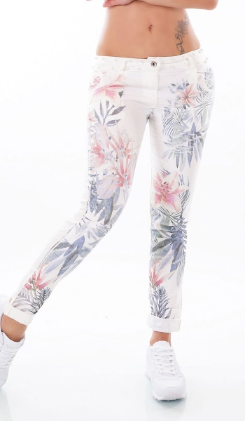 Süsse Sommer Chino Jeans mit bunten Lilien-Prints und Perlen-Applikation in weiß