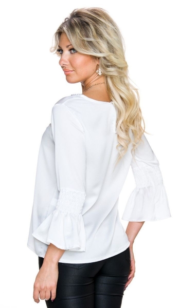 Elegante Bluse mit gerafften Tulpenärmeln inklusive Goldkette - weiß