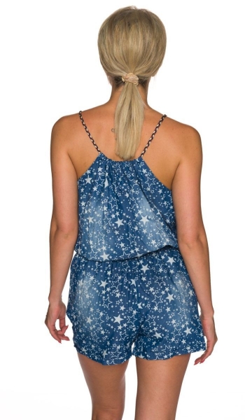 Luftiger Hotpants-Overall mit Sternenprint und geflochtenen Trägern - dunkelblau