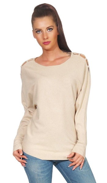 Fledermaus-Pullover mit Cut Outs und Perlen-Applikation in beige