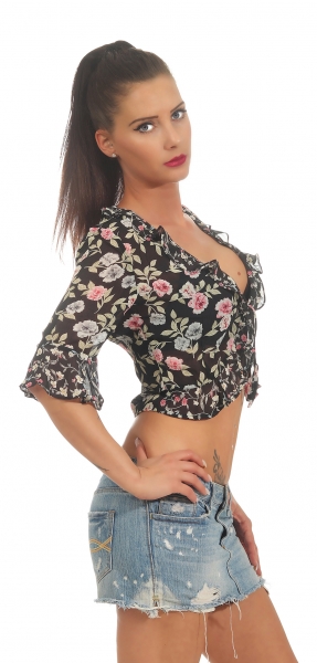 Süsse Chiffon-Bluse im Flower-Design mit Rüschen-Kanten in schwarz