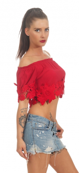 Carmen-Shirt mit süsser Blumen-Bordüre in rot