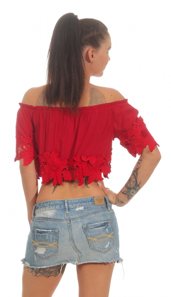 Carmen-Shirt mit süsser Blumen-Bordüre in rot
