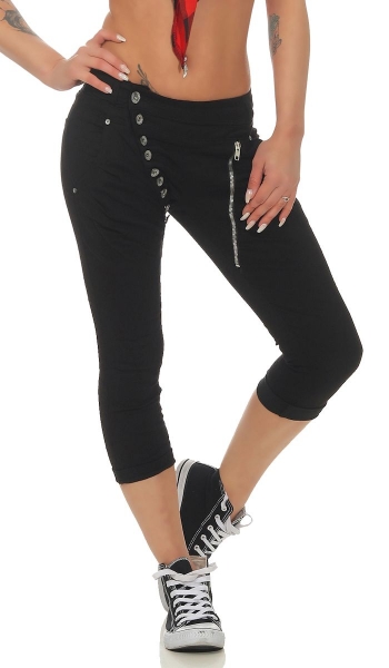 Capri-Jeans mit diagonaler Knopfleiste und Zipper in schwarz