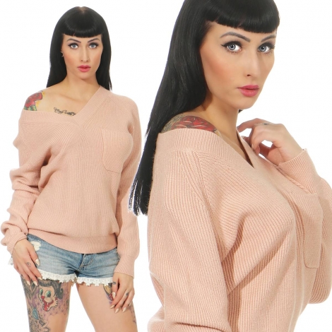 Warmer Rippstrick-Pullover mit V-Ausschnitt - rosa