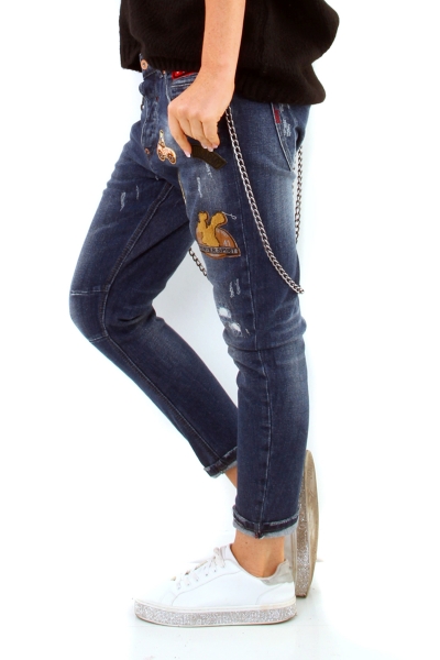 Lässige Baggy-Jeans mit Patches und Ketten-Trägern - dark blue