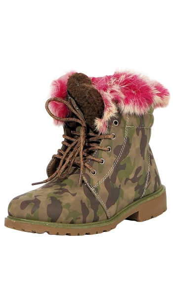 Moderner Schnürstiefel / Boots mit Kunstfell-Bordüre - camouflage