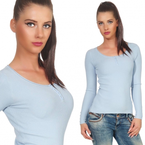 Taillierter Rippstrick-Pullover mit kurzer Knopfleiste - angelblue