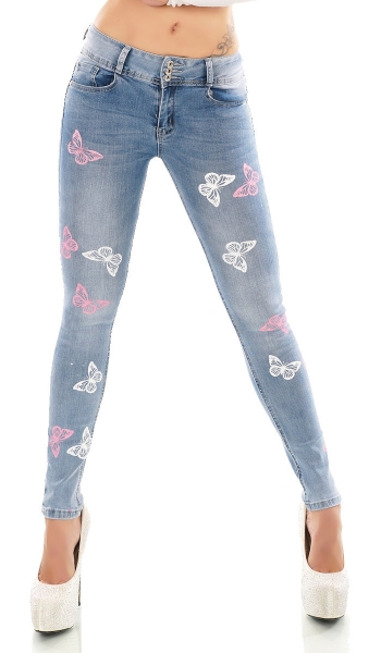 Skinny Jeans mit Push Up Effekt und Butterfly Prints in light blue