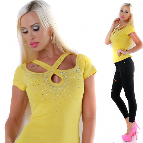 Figurbetontes Shirt mit Cut Out und funkelnder Strass-Applikation - yellow sun