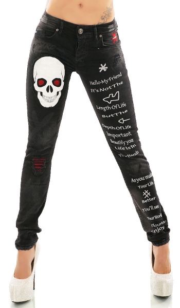 Röhrenjeans mit Skull-Patch und Schriftprints in black washed