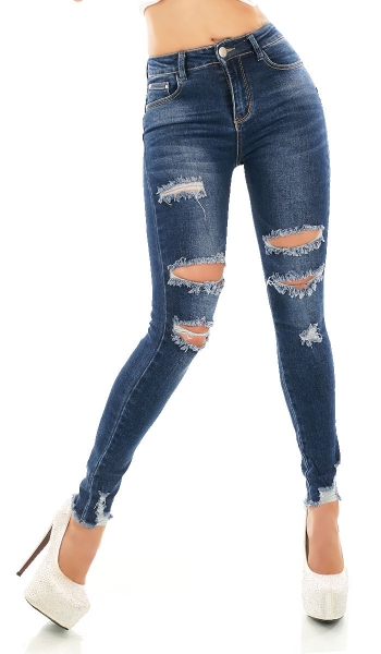 High Waist Stretch Jeans im Destroyed Look mit Push Up Effekt - dark blue