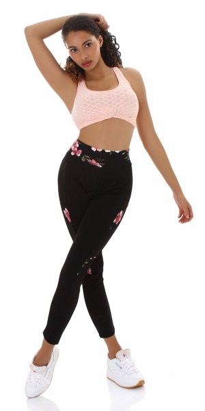 Moderne Fitness-Leggings im High Waist Look  mit Blumenprint - schwarz / rosa
