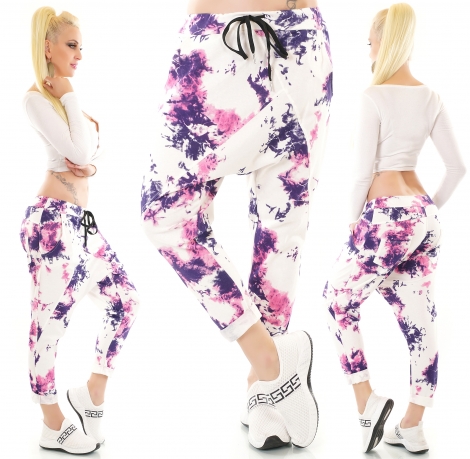 Moderne Harems-Freizeithose mit Aquarell-Print in weiß / lila