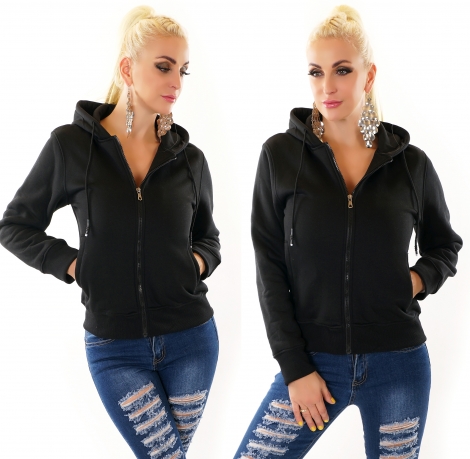 Modische Fleece Jacke mit Kapuze - schwarz