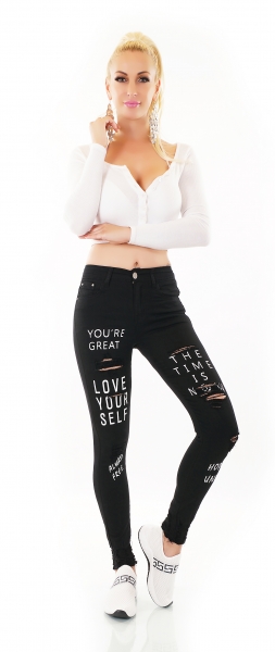 High Waist Skinny Jeans im Used-Look mit Schrift-Prints - schwarz