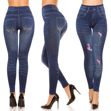 High Waist Thermo-Leggings im Jeans-Look mit Flamingo-Verzierung in blue denim