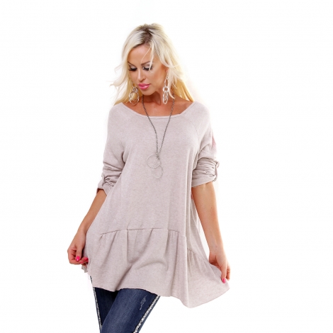 Oversize Feinstrick-Pulli mit weiten Rund-Ausschnitt - beige