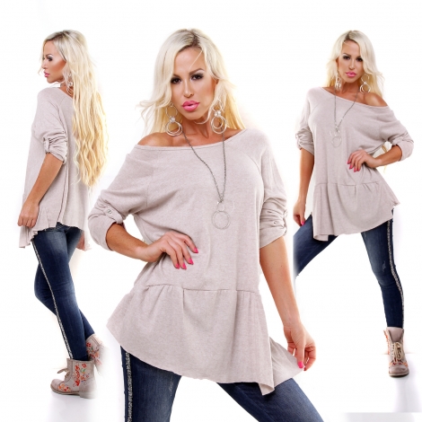 Oversize Feinstrick-Pulli mit weiten Rund-Ausschnitt - beige