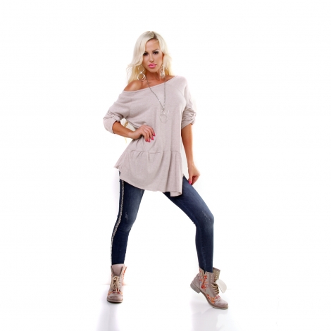 Oversize Feinstrick-Pulli mit weiten Rund-Ausschnitt - beige