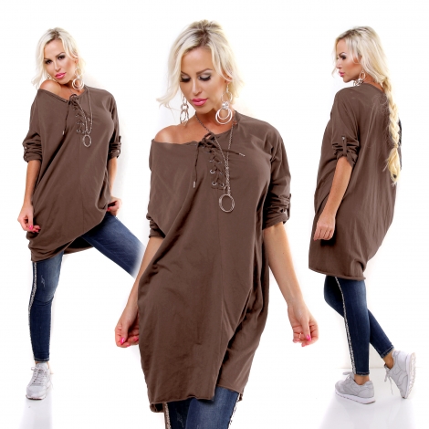 Oversize-Longpullover mit Schnürleiste - khaki