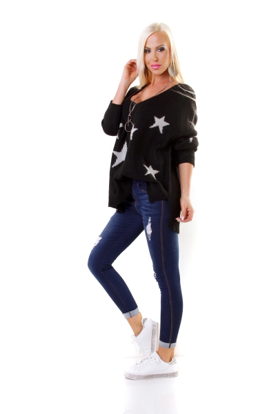 Oversize-Grobstrickpullover mit extra weitem V-Ausschnitt - schwarz