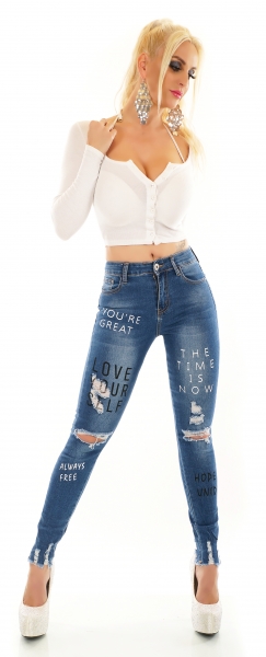 High Waist Skinny Jeans im Used-Look mit Schrift-Prints - blue washed