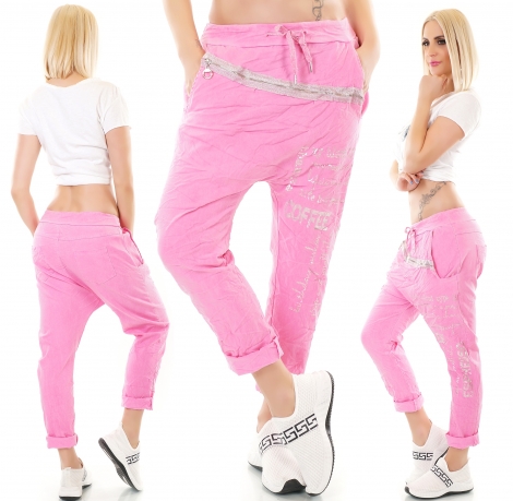 Lässige Baggy-Pants mit XXL Zipper und Glitzer-Schriftzug in pink