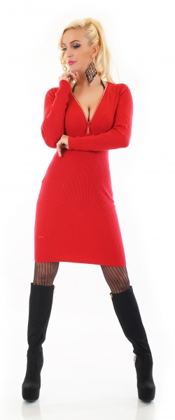 Taillierter Rippstrick-Longpullover mit Strass-Zipper in rot