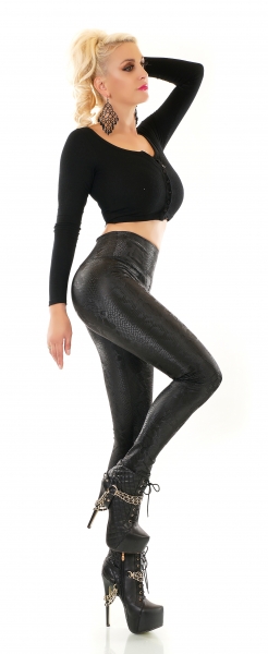 High-Waist-Leggings im Wetlook Reptil Optik - schwarz