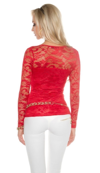 Glamour Spitzenshirt mit Reissverschluss - rot