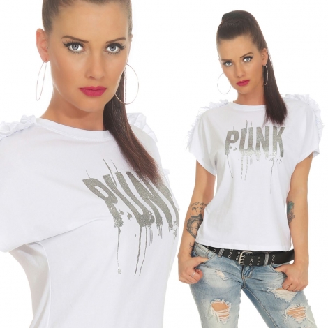 Kurzarm-Shirt mit Glamour-Print und Ärmel-Verzierung - weiß
