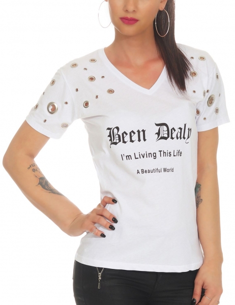 Tailliertes Shirt mit Schrift-Print und Loch-Verzierung - weiß