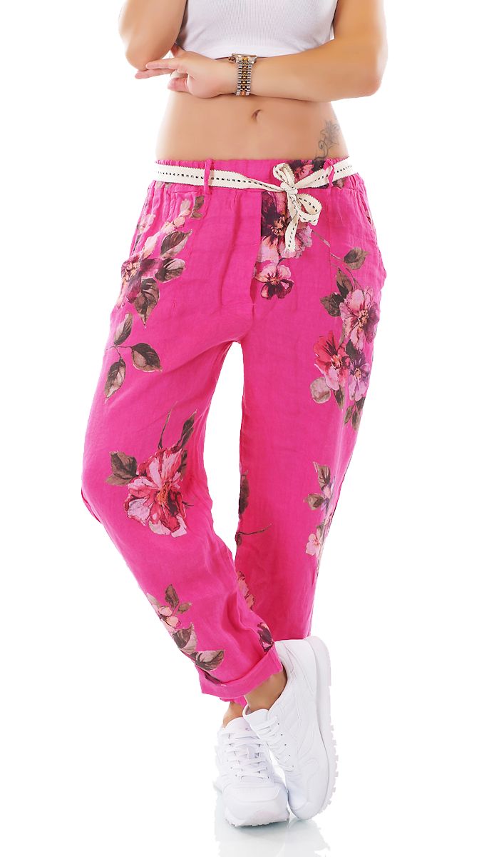 Damenmode Luftig Leichte Sommerhose Mit Blumenprint Und Gurtel In Pink Kleidung Accessoires Fotolli Com