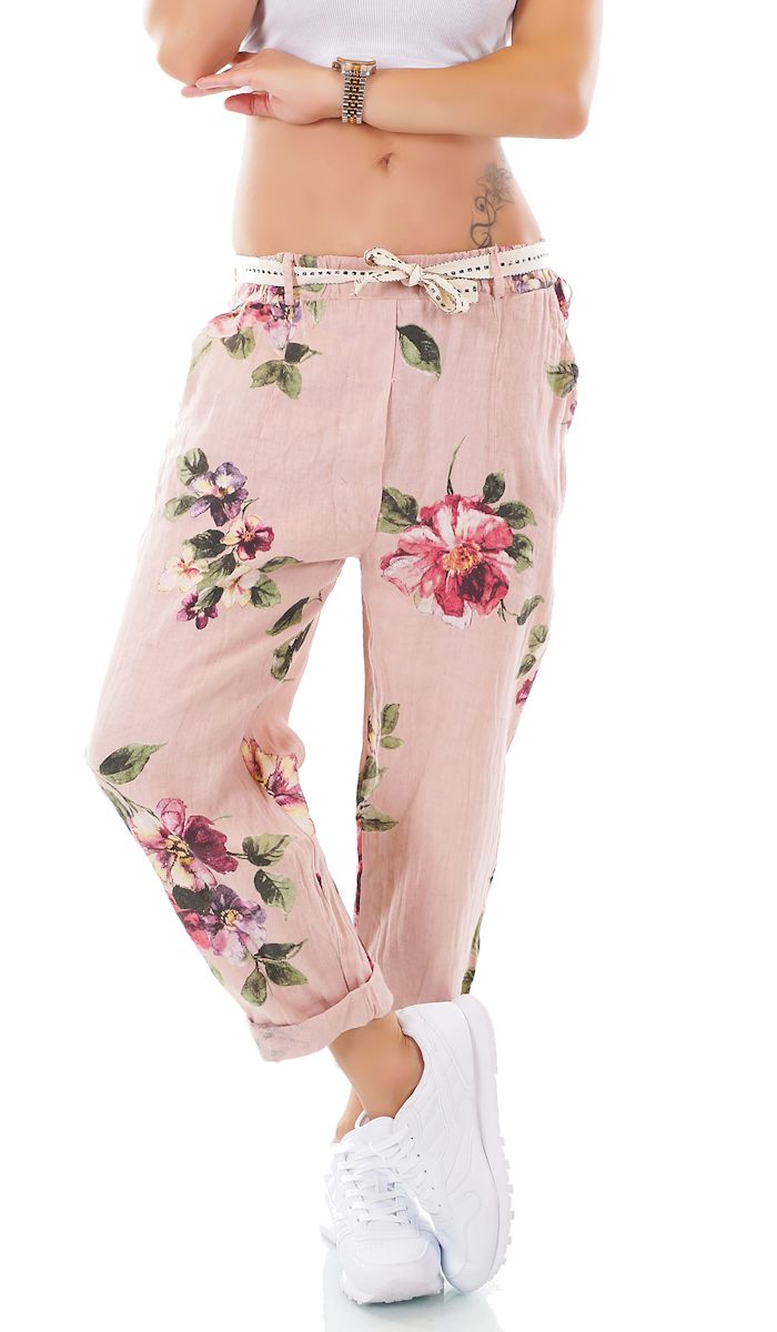 Damen Hosen Aus Spitze Luftig Leichte Sommerhose Mit Blumenprint Und Gurtel In Rosa Kleidung Accessoires Elespectadorguatemala Com